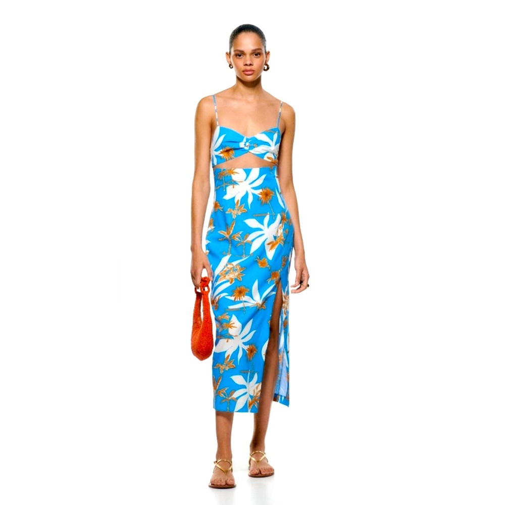 Zara Blue Floral Cut Out Midi Dress